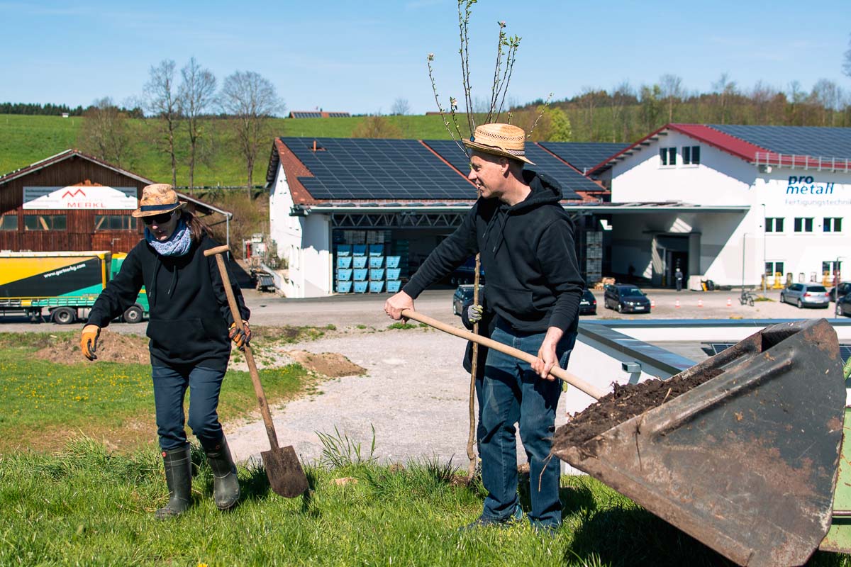 Zwei Personen stehen mit Spaten und jungem Apfelbaum neben Erde und Arbeitsgerät auf einer Wiese.